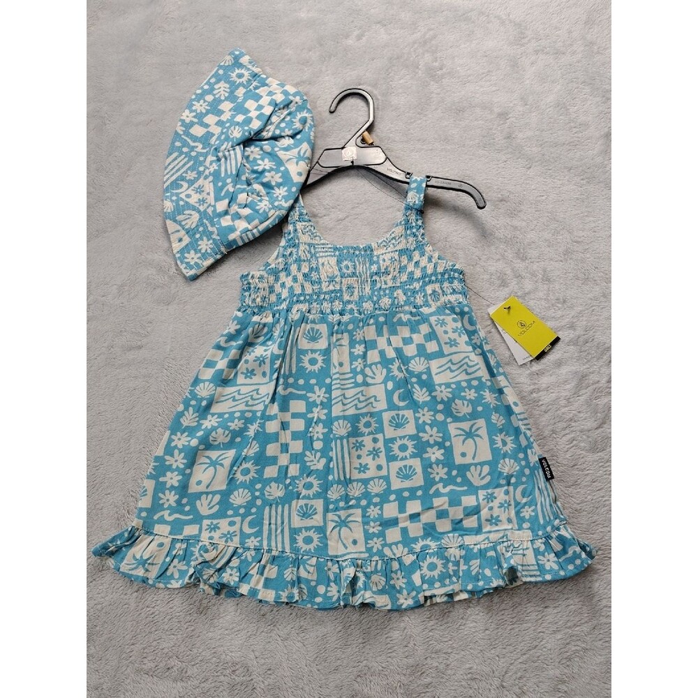 Volcom Ice Blue Whimsical Print Two Piece Sundress and Hat Set Size 3T New